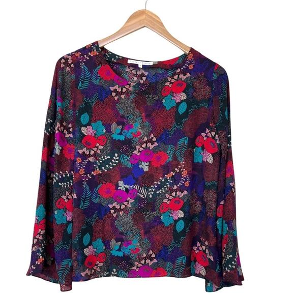 Violet + Claire black floral lightweight career office long bell sleeve blouse S - Picture 1 of 7